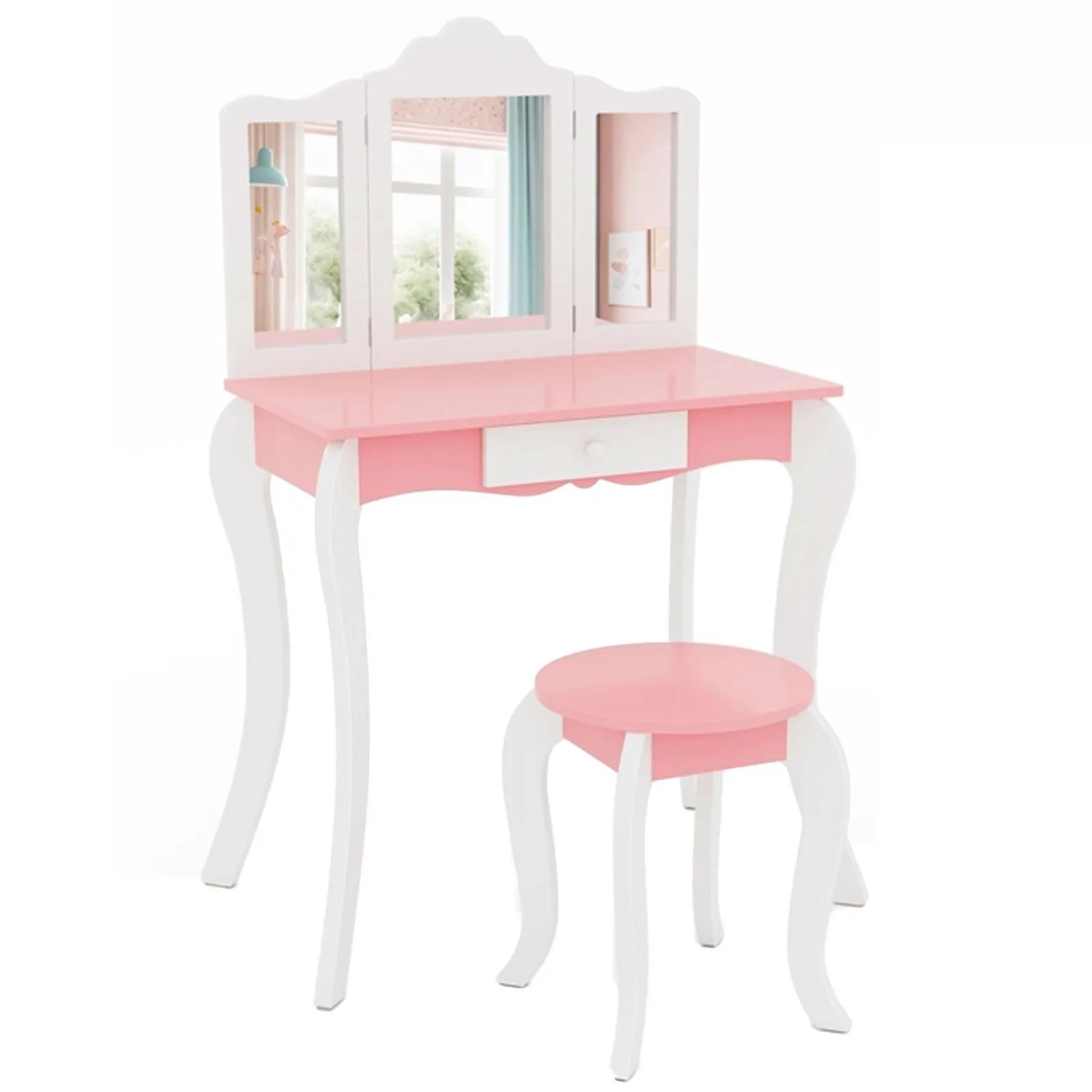 Costway 2 In 1 Kinder Schminktisch mit 3-Fach Spiegel & Holz Rosa & Weiß günstig online kaufen