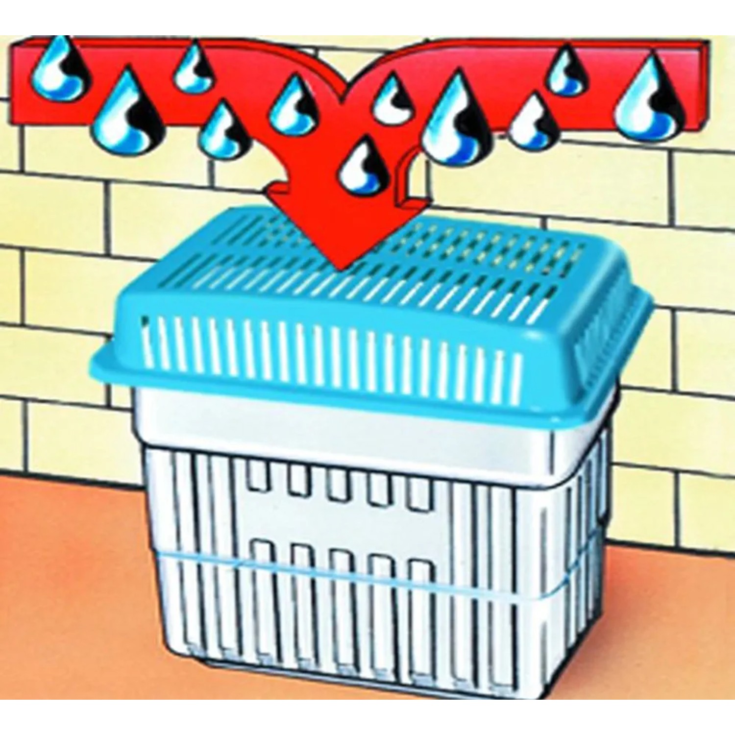 Wenko Raumentfeuchter Set, grau-blauer Behälter mit Granulat und Tropfen-Illustration.