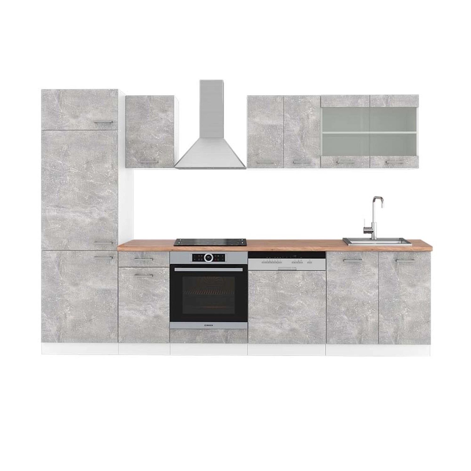 Vicco R-Line Küchenzeile Beton/Weiß 300 cm AP Eiche günstig online kaufen