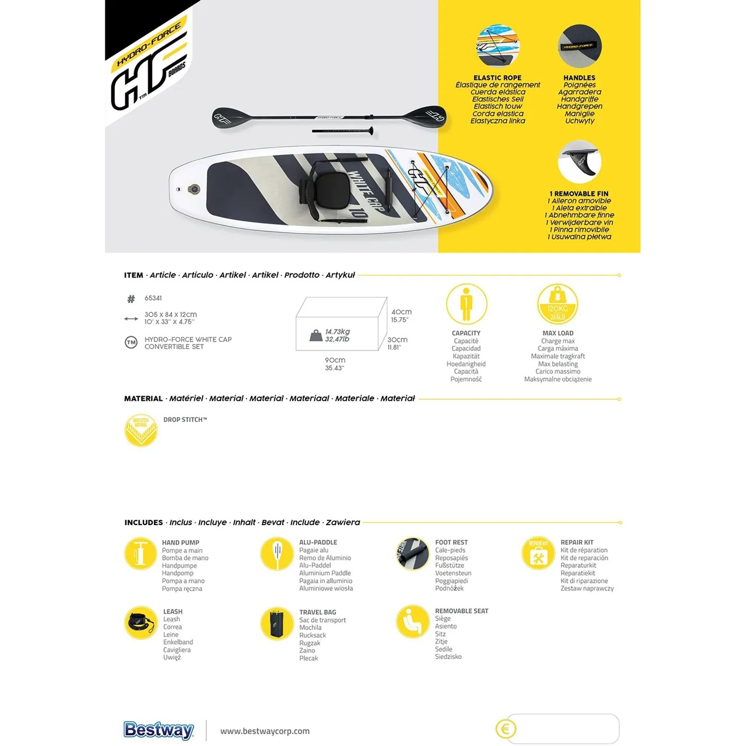 Hydro-Force SUP White Cap Set, 305cm, mit Paddel, Sitz und Zubehör für Stand Up Paddling.