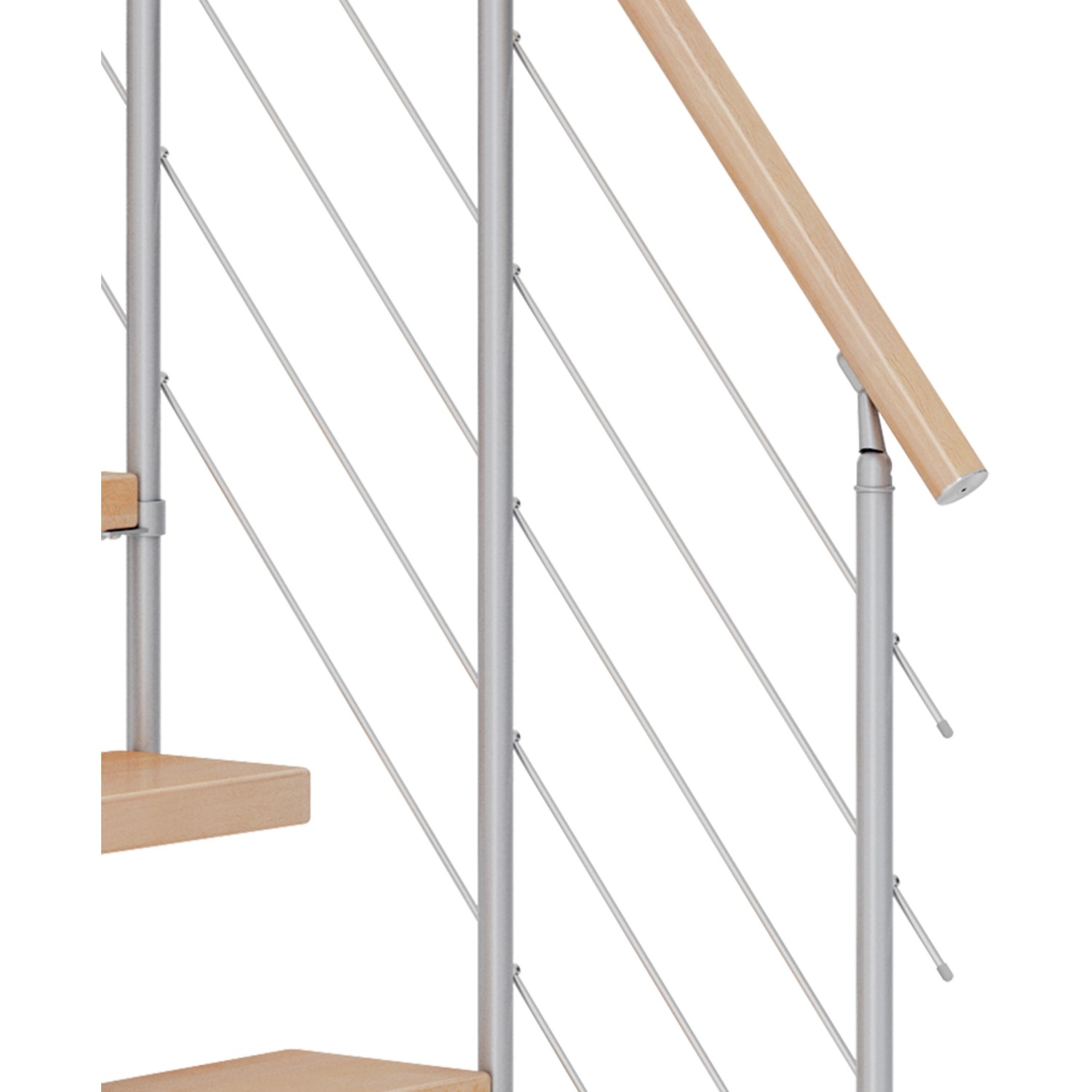 Detailansicht: Dolle Mittelholmtreppe Dublin Buche perlgrau, Geländer mit Edelstahlstäben.
