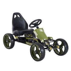 Grünes HOMCOM Go Kart Tretauto im Armee-Design mit verstellbarem Sitz und Handbremse.