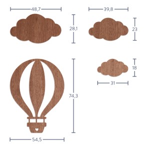 Wanddeko Ballon mit Wolken aus Holz, Mahagoni Furnier, Maße eingezeichnet.