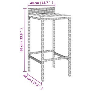 Abbildung eines Barhockers aus grauem Rattan mit Maßen, Teil des vidaXL 7-tlg. Gartenbar-Sets.