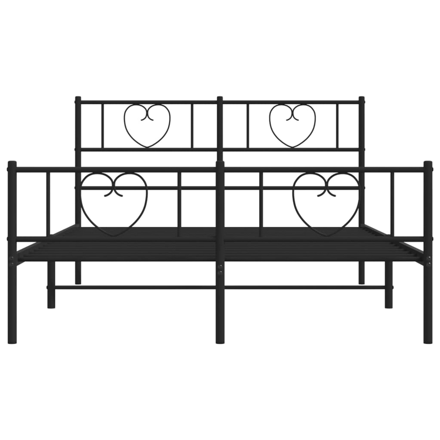 Schwarzes Metallbettgestell 150x200 cm mit Herz-Design am Kopf- und Fußteil.