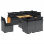 vidaXL 9-tlg. Garten-Sofagarnitur mit schwarzen Kissen und Tisch mit Holzplatte.