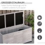 Graue Outsunny Gartenbox aus Holz, offen, mit viel Stauraum für Werkzeuge und Gartenutensilien. Wetterbeständige Aufbewahrung.