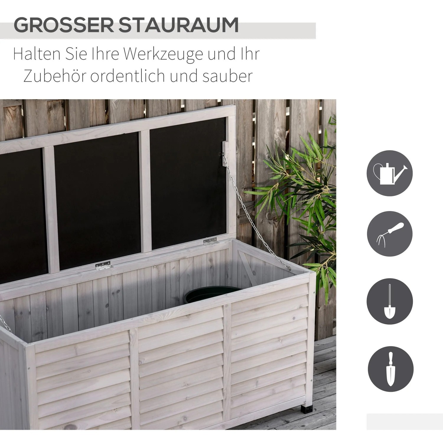 Graue Outsunny Gartenbox aus Holz, offen, mit viel Stauraum für Werkzeuge und Gartenutensilien. Wetterbeständige Aufbewahrung.