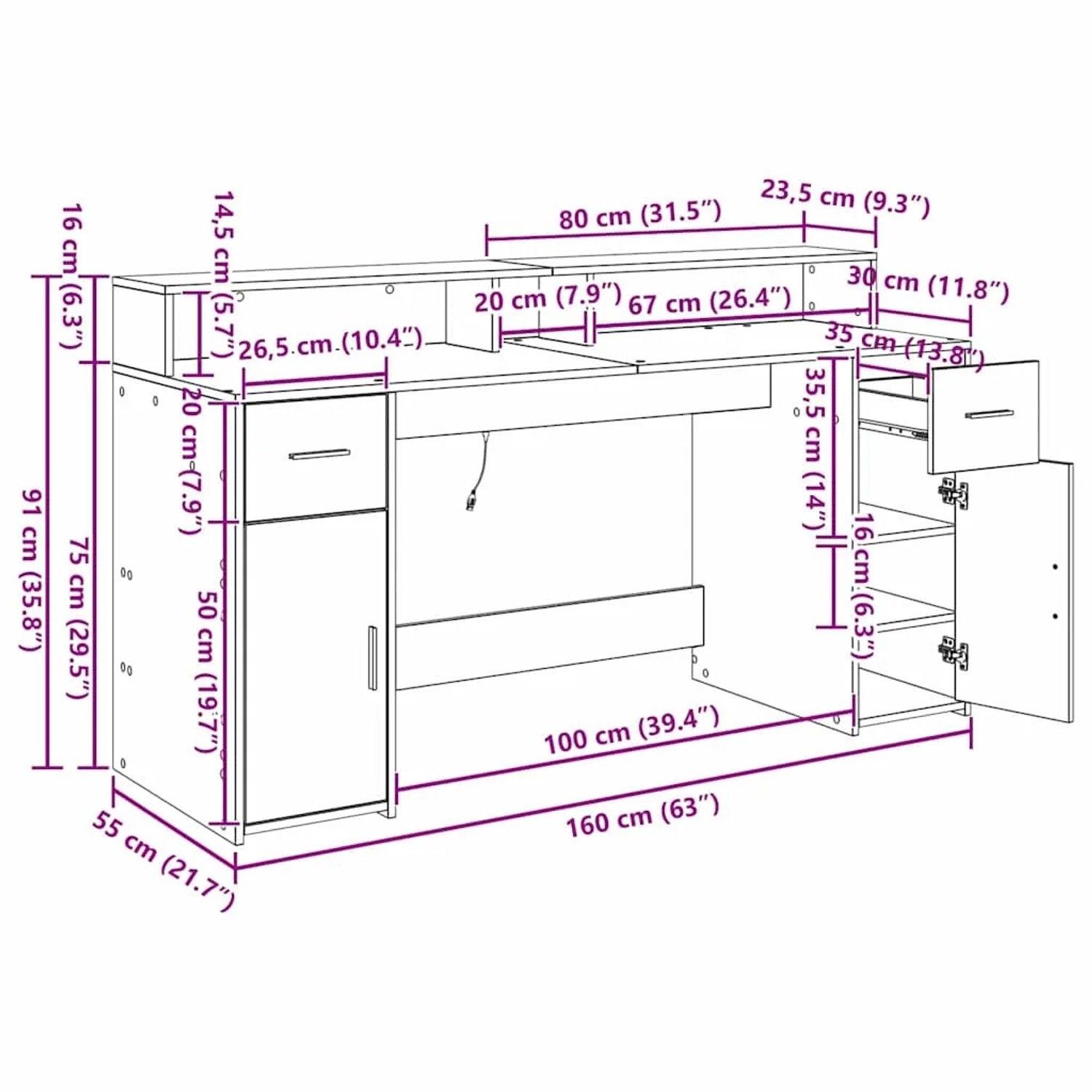 vidaXL Schreibtisch in Schwarz Eiche, 160 cm breit, mit Schubladen und Stauraum.