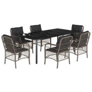 7-teilige Garten-Essgruppe aus grauem Rattan mit schwarzen Kissen und Tisch mit Glasplatte.
