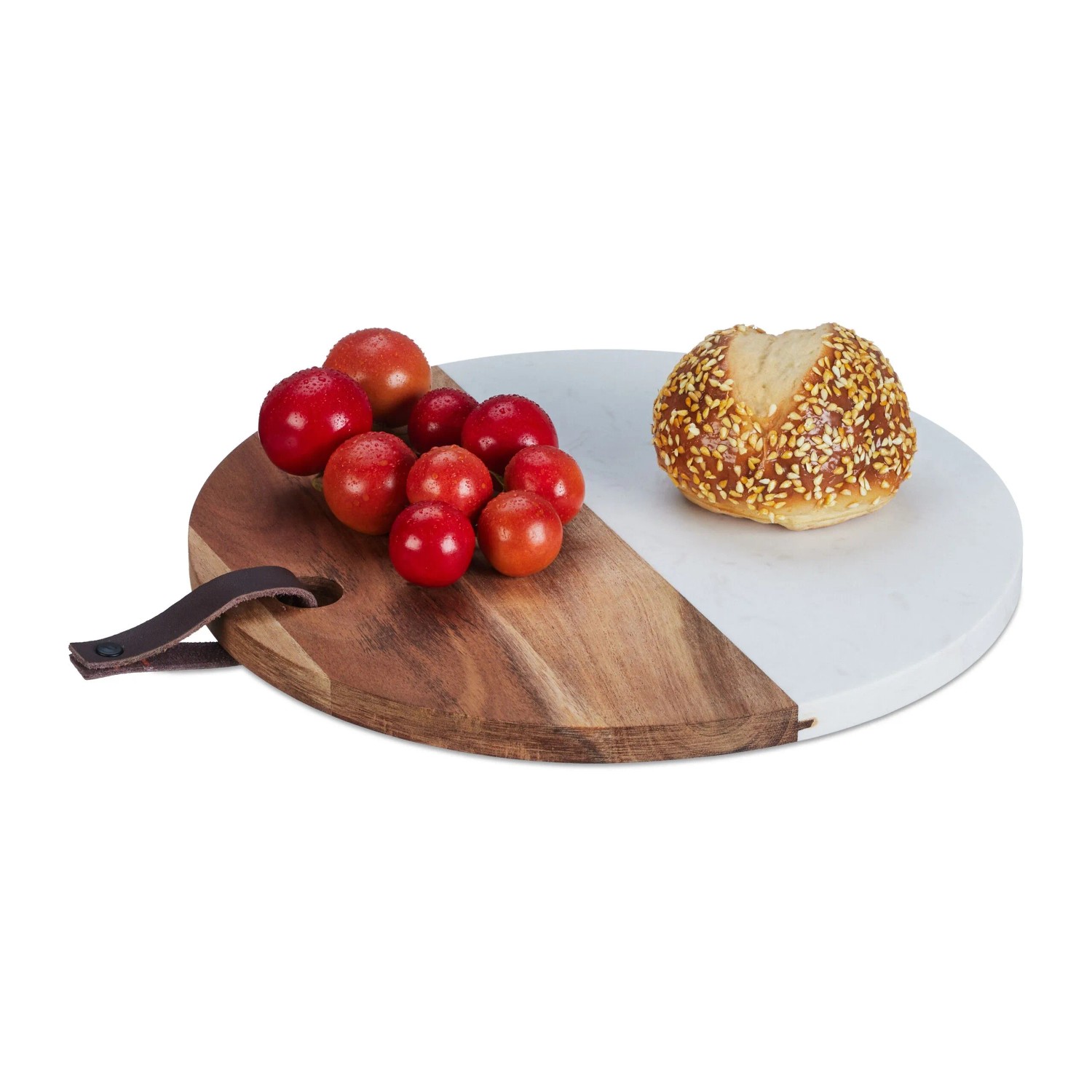 Relaxdays Schneidebrett Holz Marmor Natur Weiß mit Schlaufe ø 25 cm 1 kg