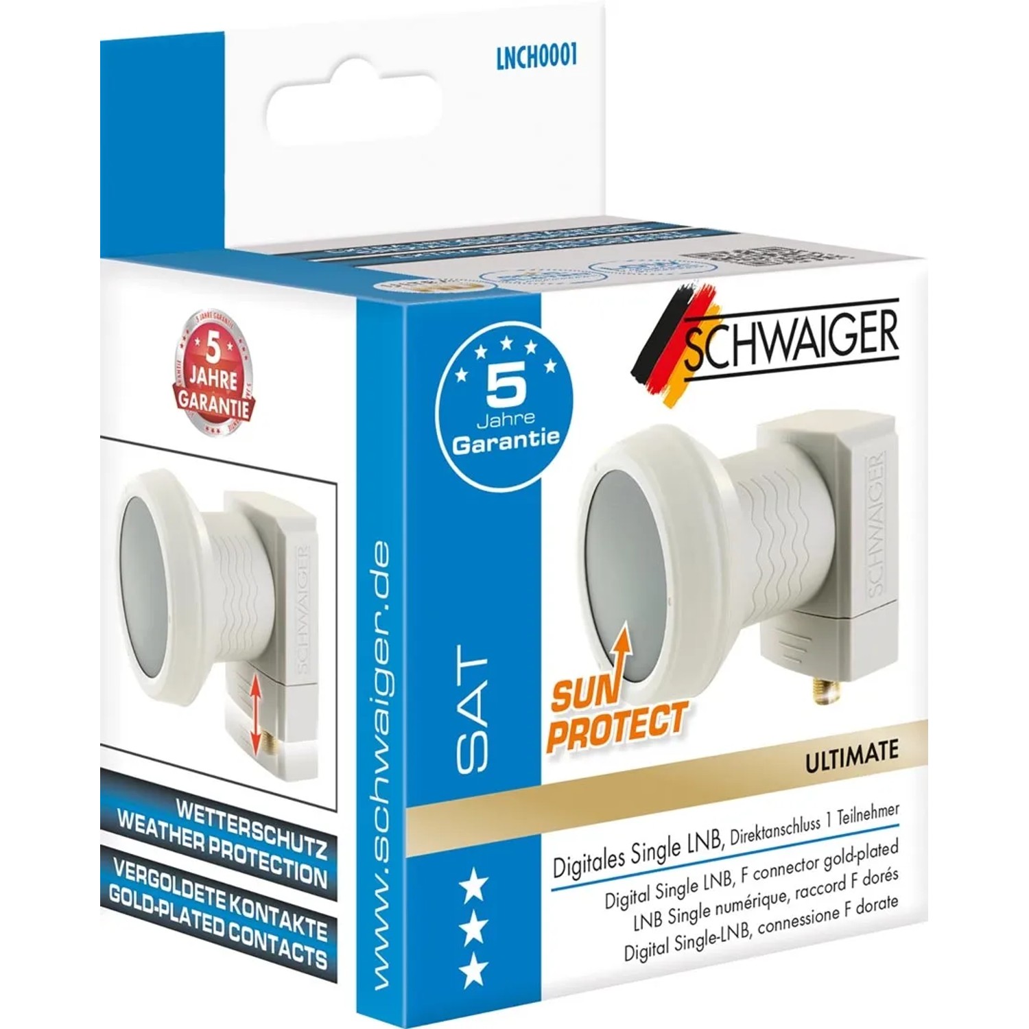 Schwaiger Single LNB Sun Protect, hellgrau, in Produktverpackung mit Garantiehinweis.