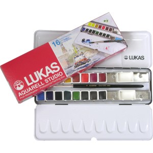 Lukas Aquarell Studio Set mit 16 Farben, Pinsel und Malkasten aus Metall.