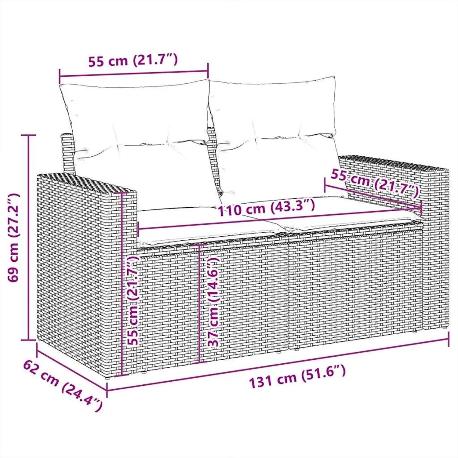 Beige Garten-Sofagarnitur aus Polyrattan mit Kissen, Maße eingezeichnet.