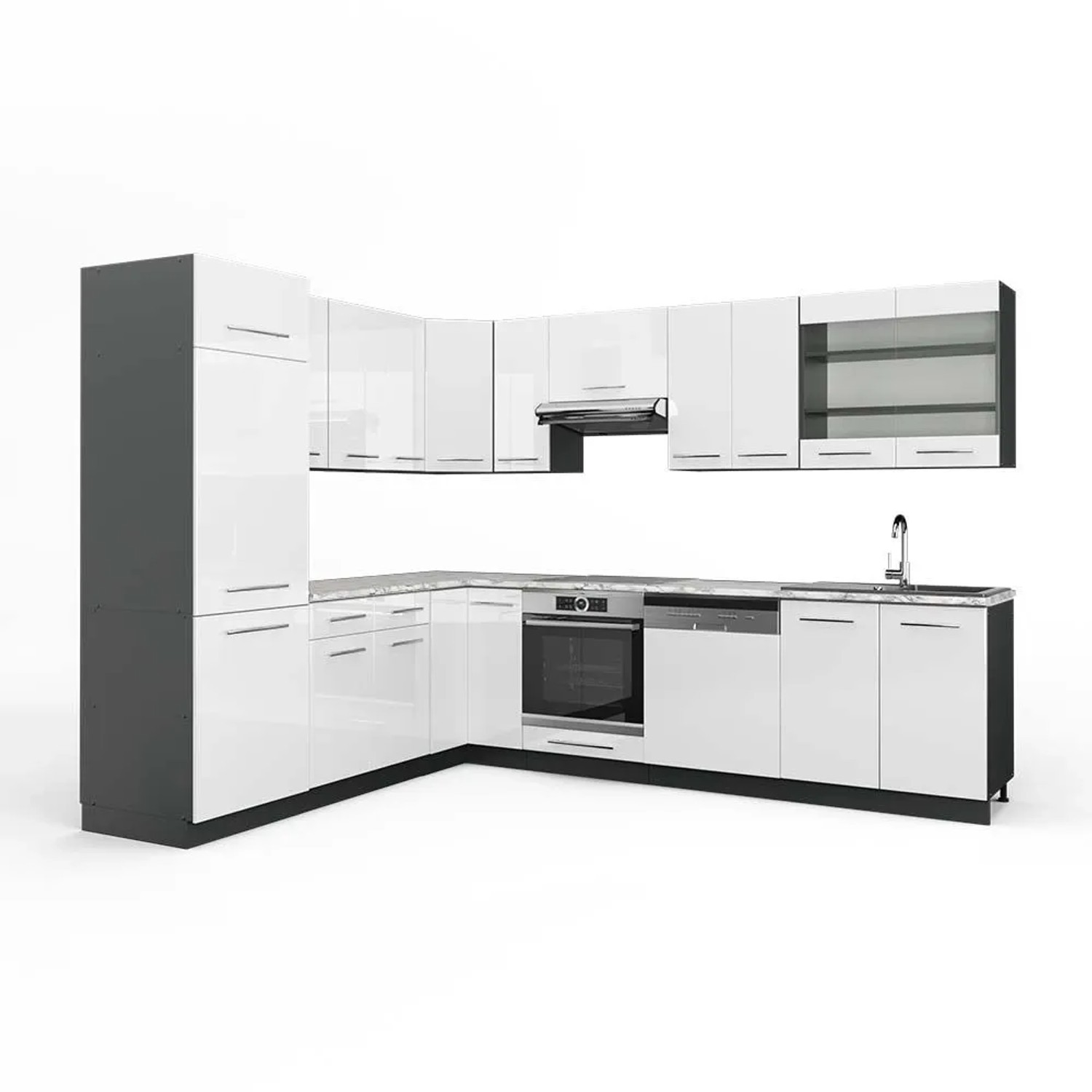 Vicco Eckküche Fame-Line Weiß Hochglanz/Anthrazit 287 x 82, AP Marmor