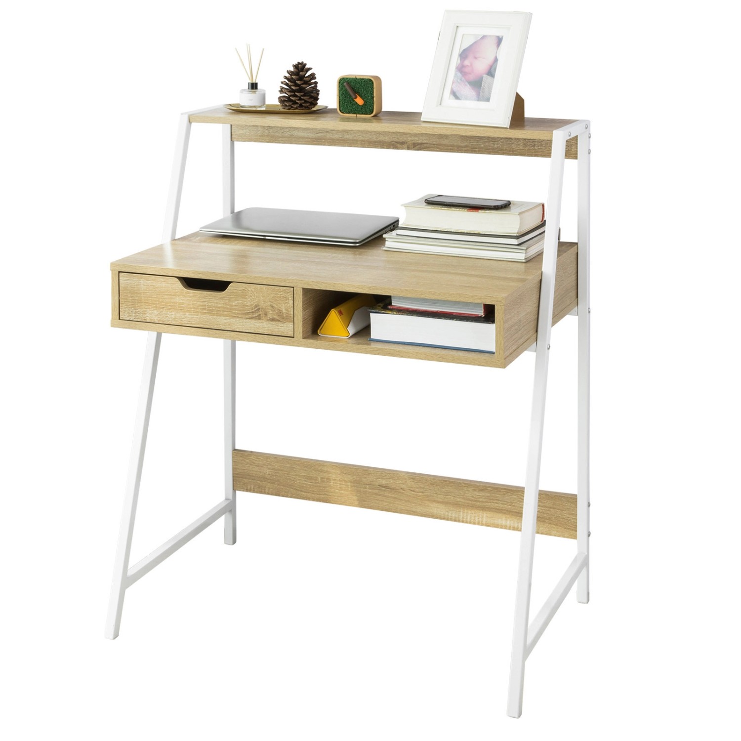 SoBuy Schreibtisch mit Ablage und Schublade MDF Metall Natur FWT63-N günstig online kaufen