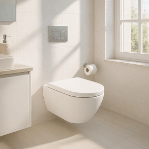 Weißes randloses Hänge-WC Uno11RK mit SoftClose-Sitz in modernem Bad. Kurze Ausladung, spritzfrei.
