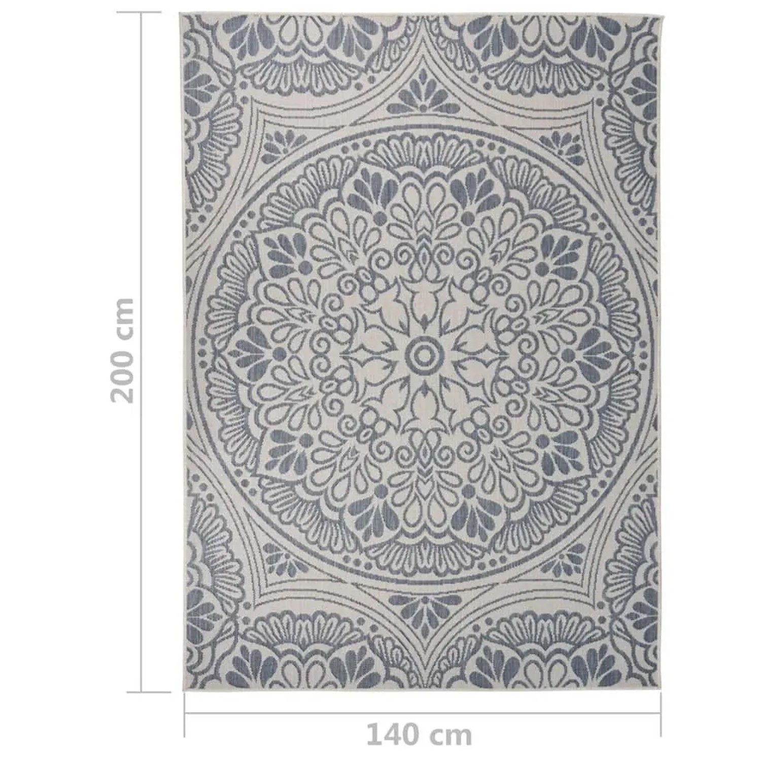 Blauer vidaXL Outdoor-Teppich Flachgewebe 140x200 cm mit detailreichem Mandala-Muster. Robuster PP-Teppich.