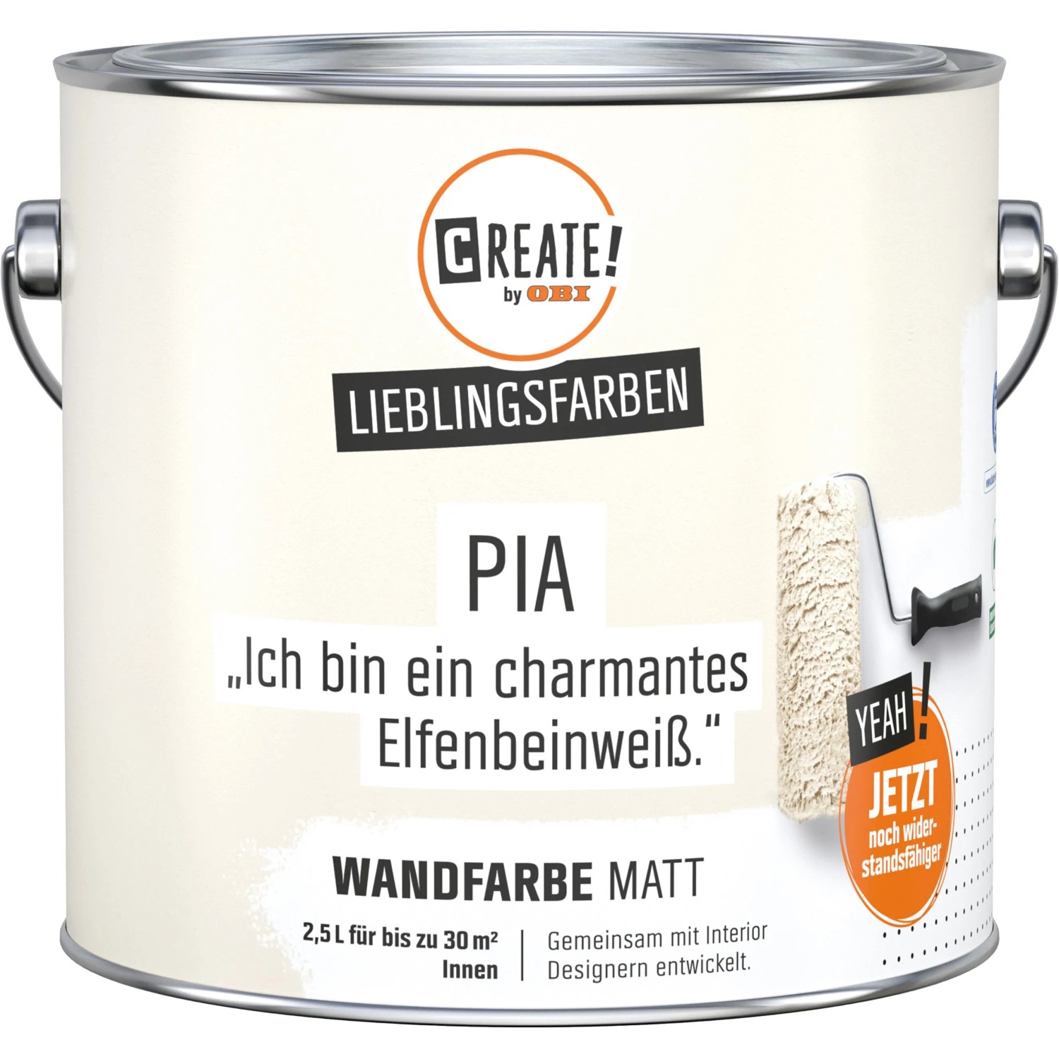 CREATE! by OBI Wandfarbe Pia Elfenbeinweiß, matte Innenfarbe im Farbeimer.