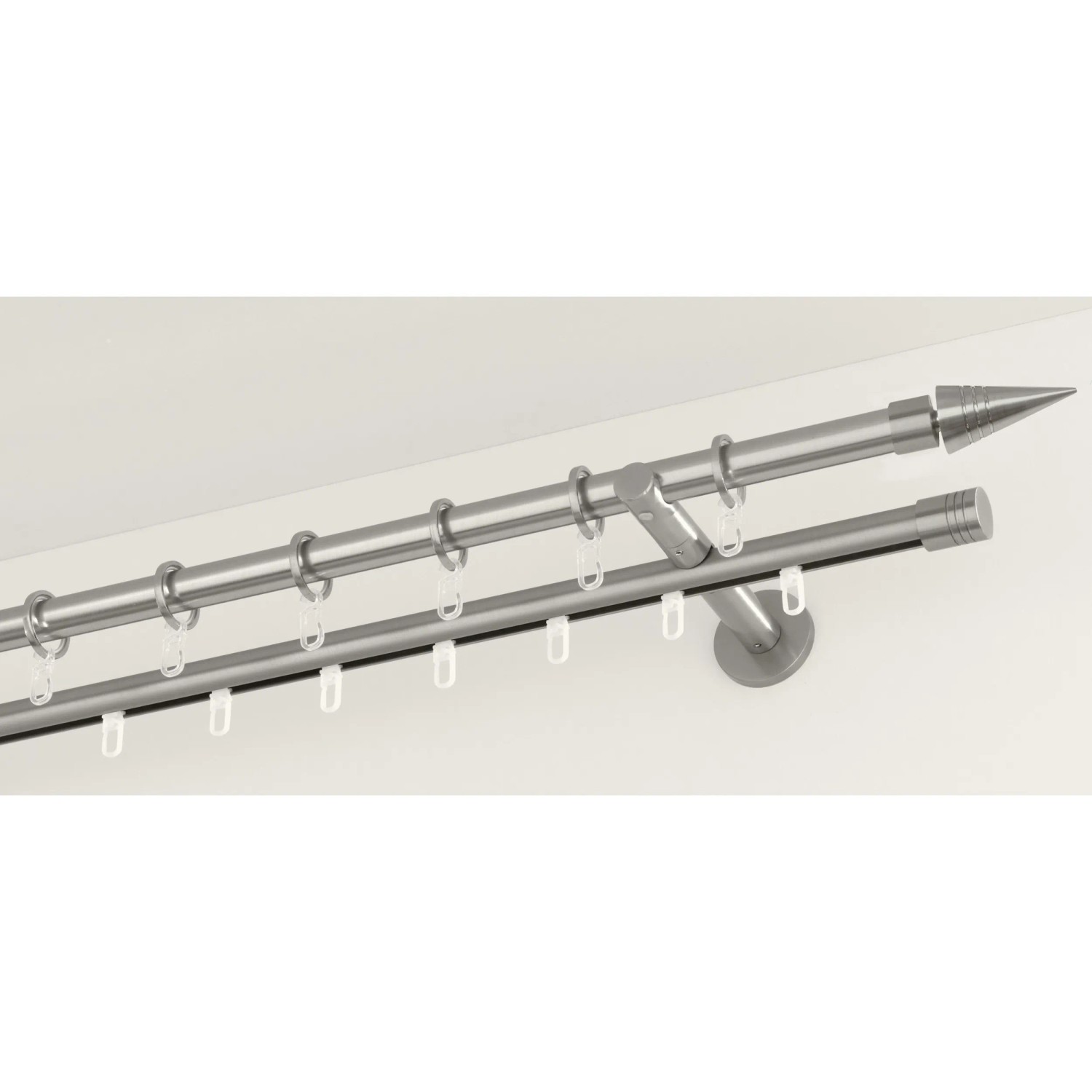 Gardinia Chicago Gardinenstange, Edelstahloptik, doppelläufig mit Endstücken und Ringen.