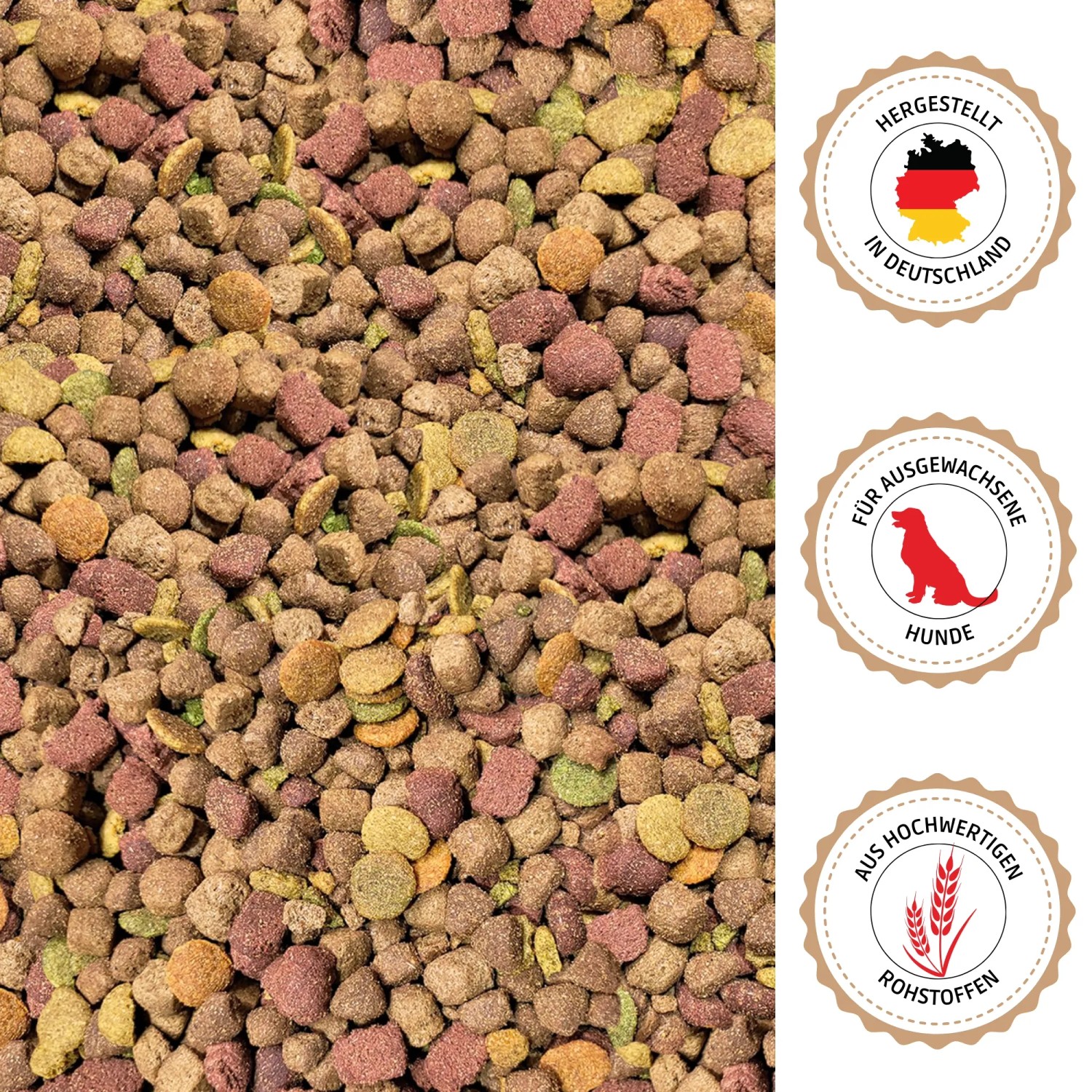 Supravit Mix Super Hunde-Trockenfutter: bunte Kroketten. Hergestellt in Deutschland, für ausgewachsene Hunde.