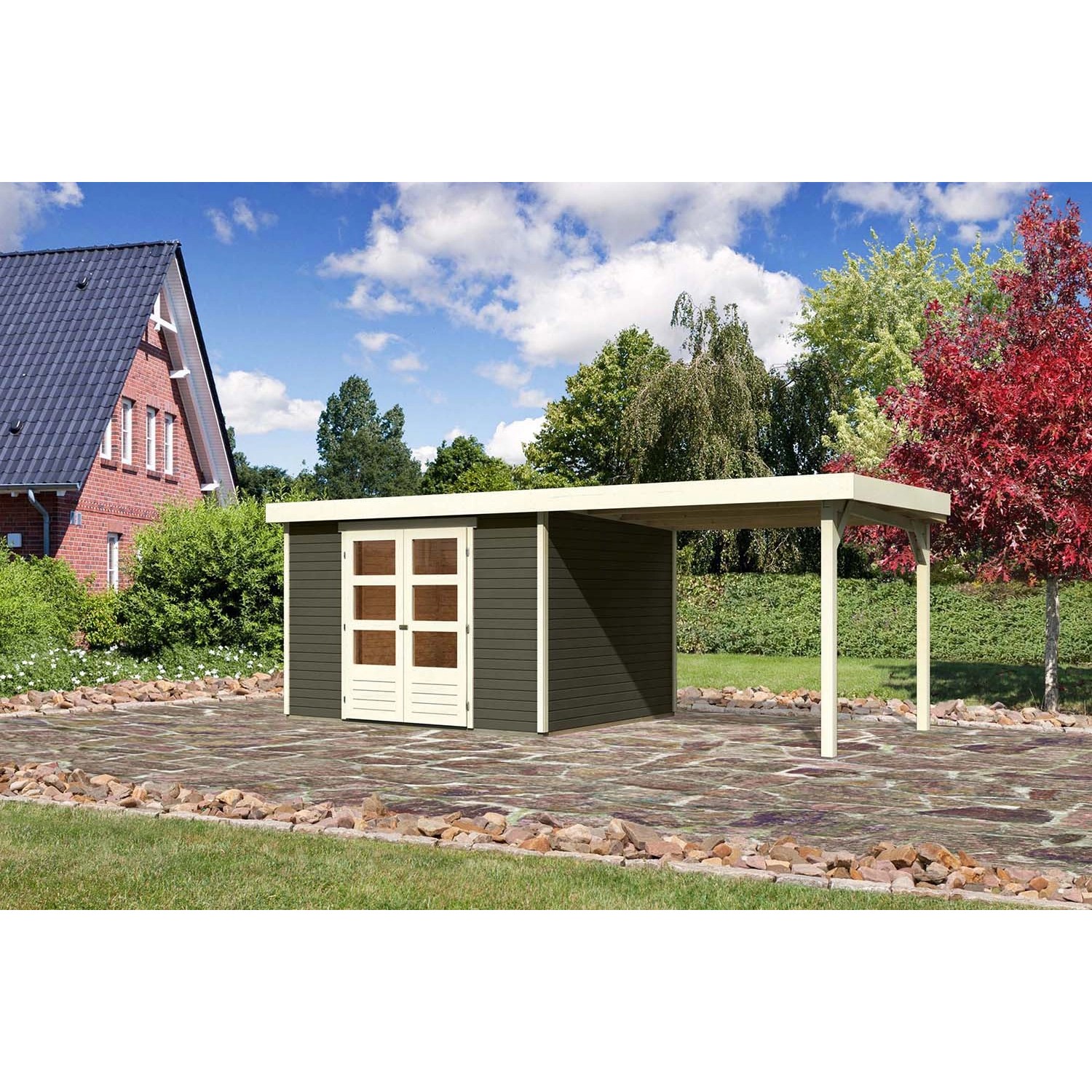 Karibu Holz-Gartenhaus Boras Terragrau Flachdach Lackiert 298 cm x 242 cm günstig online kaufen