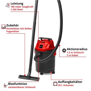 Einhell Nass-Trockensauger TC-VC 1820 in Rot-Schwarz mit Zubehör. Ideal für Haus, Werkstatt und Auto.