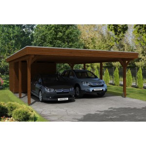 Skan Holz Carport Spessart mit Abstellraum, Nussbaum, mit zwei geparkten Autos.