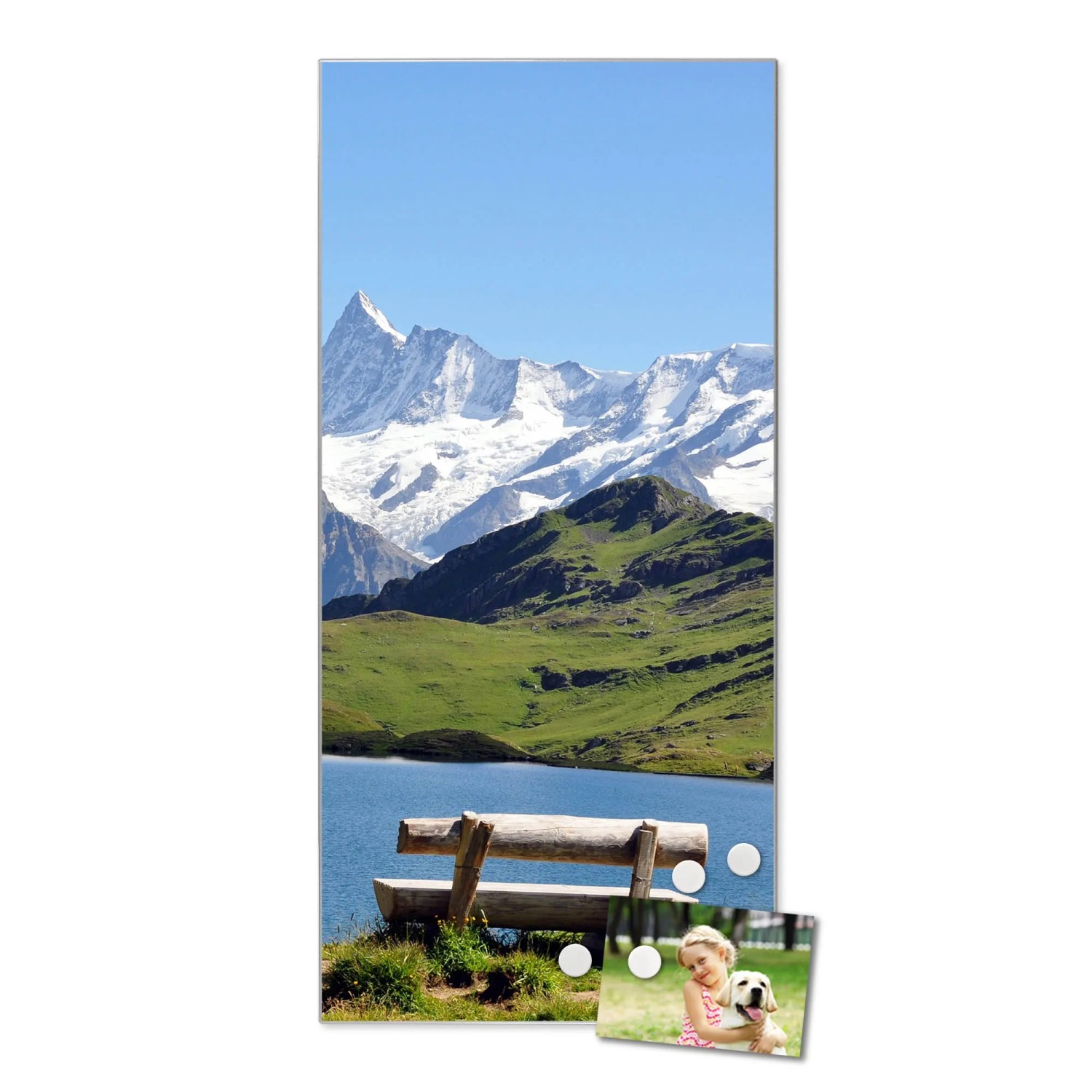 Silberne Magnettafel 37x78cm mit Alpenmotiv, inklusive Magnete. Wanddekoration für Notizen und Fotos.