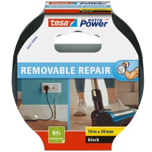 Tesa Extra Power Removable Repair Gewebeband, schwarz, 10m x 38mm. Für Reparaturen und Befestigungen.