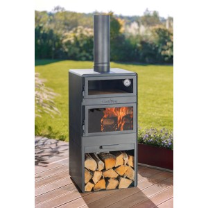 Schwarzer CookKing Terrassenofen Vento Plus mit Pizzaofen und Holzscheiten im Holzlager.