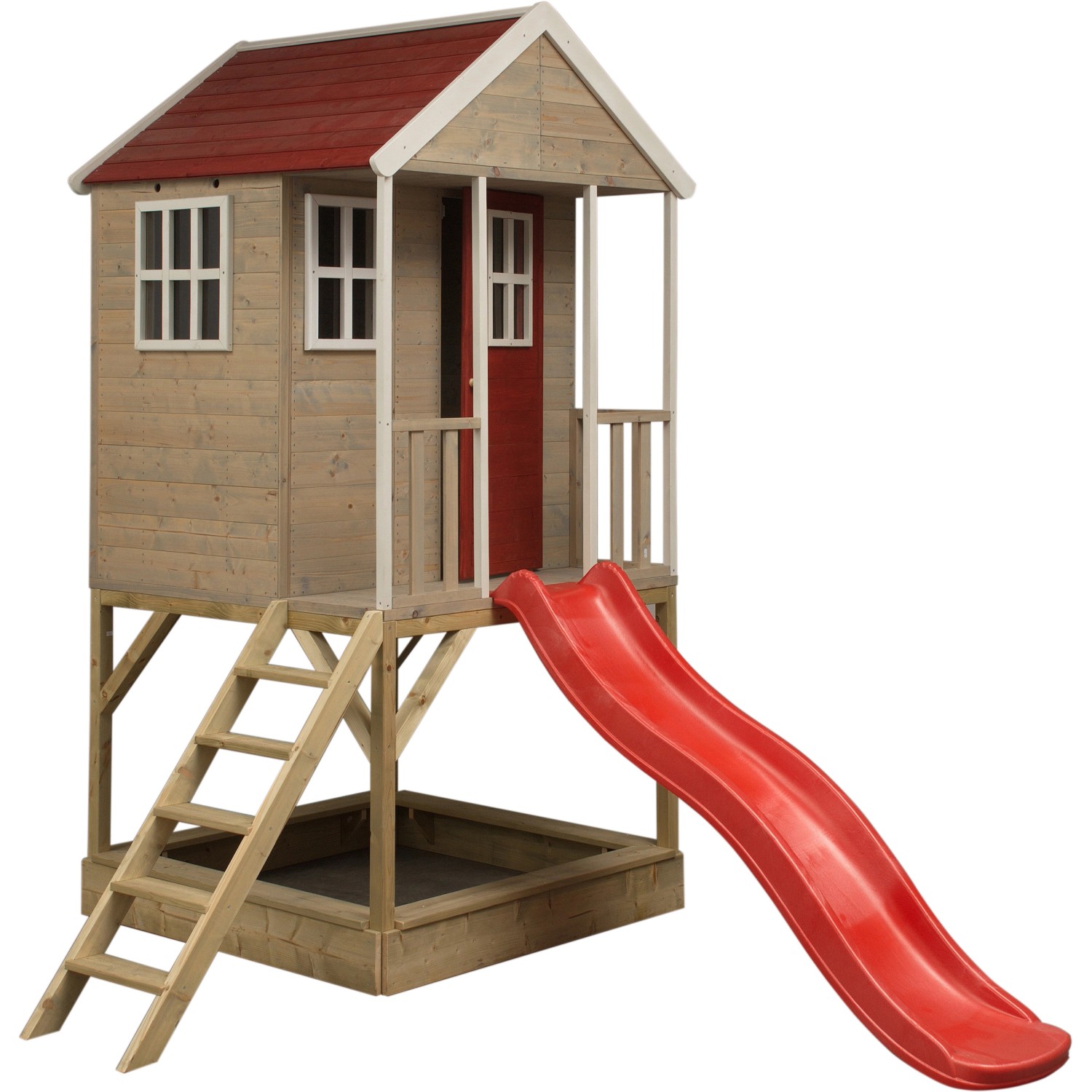 Wendi Toys Kinderspielhaus Frosch mit Veranda, Rutsche und Sandkasten. Spielturm aus Holz mit rotem Dach.