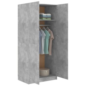 Offener, grauer Kleiderschrank (80x52x180 cm) aus Holzwerkstoff mit Kleidung und Ablage.