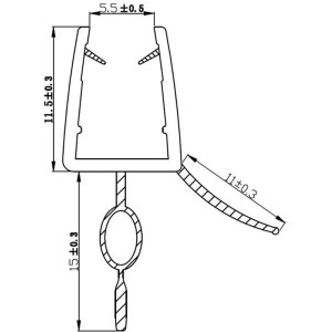 Technische Zeichnung einer Bodendichtleiste für 6 mm Duschkabinen, Maße sind angegeben.