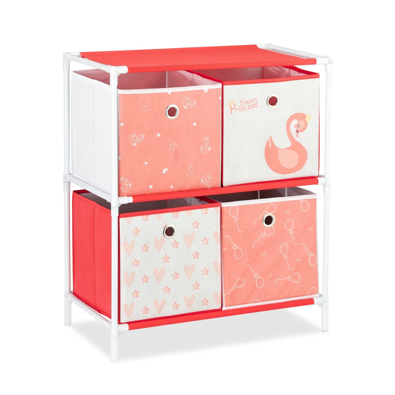 Relaxdays Kinderregal Schwan Vliesstoff Weiß Rot mit 4 Boxen 62 cm x 53 cm x 30 cm 2 kg