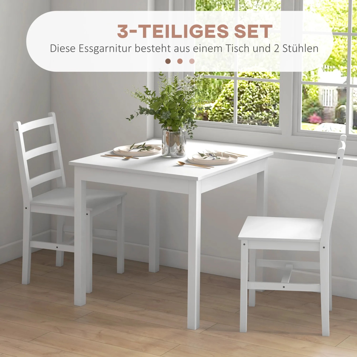 Weisse Kiefernholz Essgruppe: Tisch und 2 Stühle. Kompaktes 3-teiliges Esszimmer-Set.
