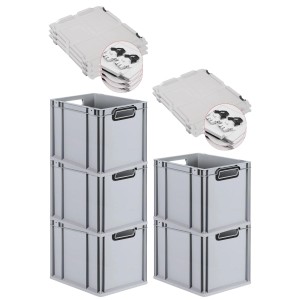 PROREGAL SuperSparSet: 5 graue Euroboxen 30L mit Scharnierdeckel, Griffe schwarz. Stapelbare Transportboxen.