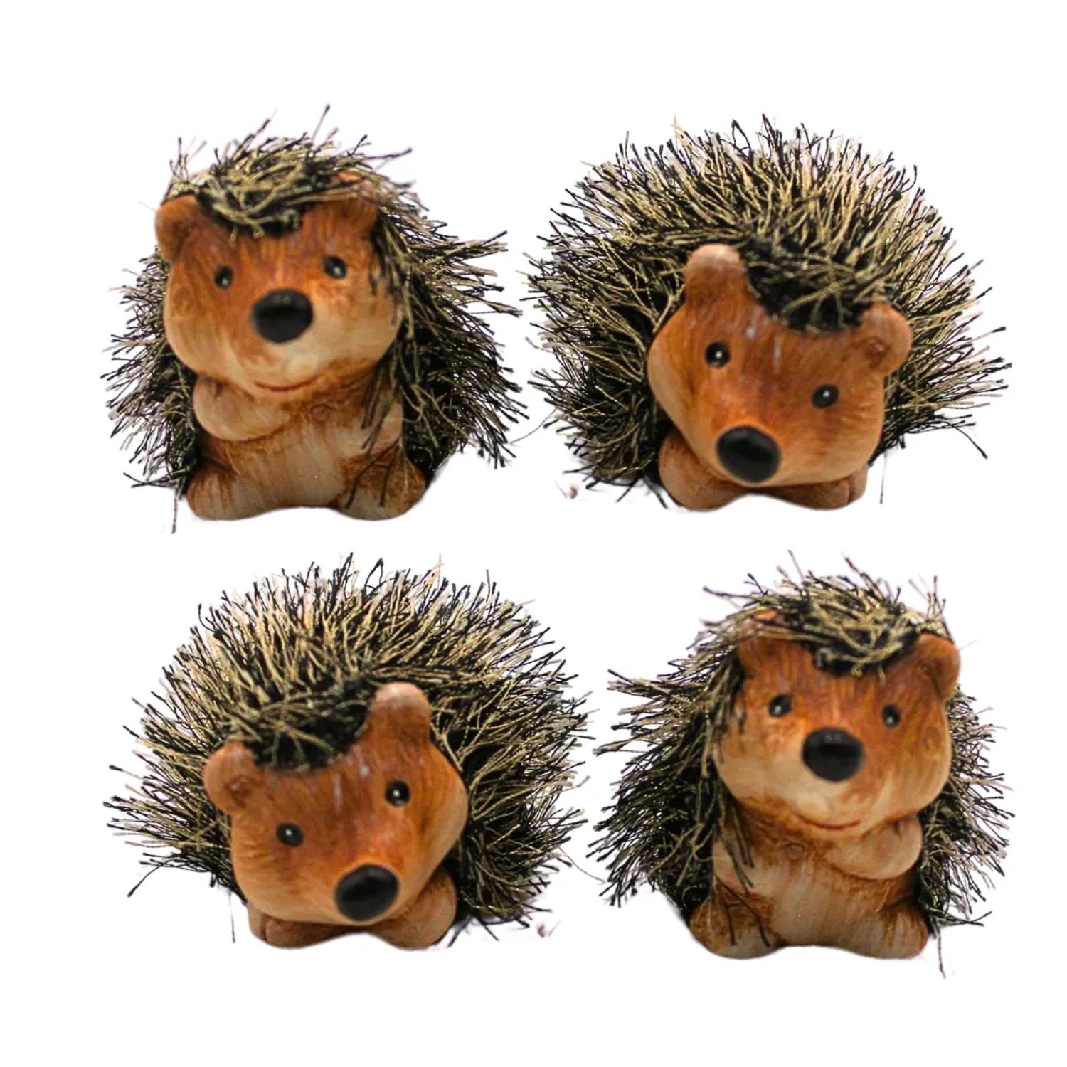 Dekohelden24 4er Set Dekofigur Igel Keramik Garten Igel Dekoigel mit Fell in Braun L/B/H 6 x 6 x 8 cm
