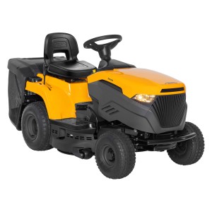 Gelber Stiga Rasentraktor Estate 384 M mit 200 l Fangkorb.