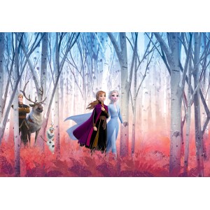 Disney Eiskönigin Fototapete in Lila/Blau (368x254cm) mit Anna, Elsa, Kristoff und Olaf im Wald.