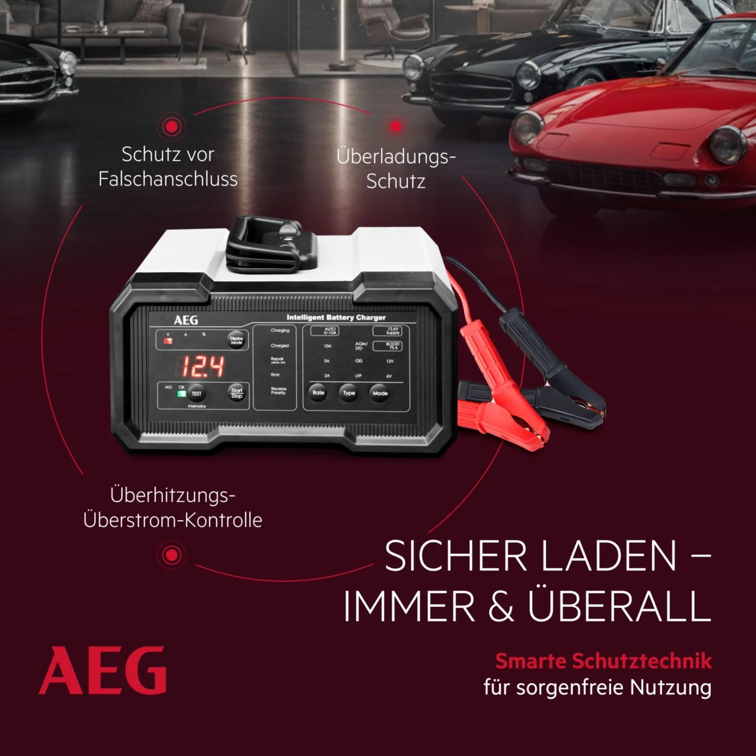AEG CW10 Batterieladegerät für 6V/12V Batterien mit LED-Anzeige und Klemmen.