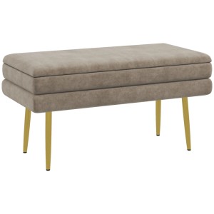 Beige Polsterbank mit Samtoptik und Stauraum. Elegante Sitzbank mit goldenen Beinen, ideal als Hocker.
