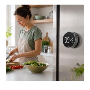 Silberner magnetischer Küchentimer mit LED-Display am Kühlschrank, Frau kocht in moderner Küche.
