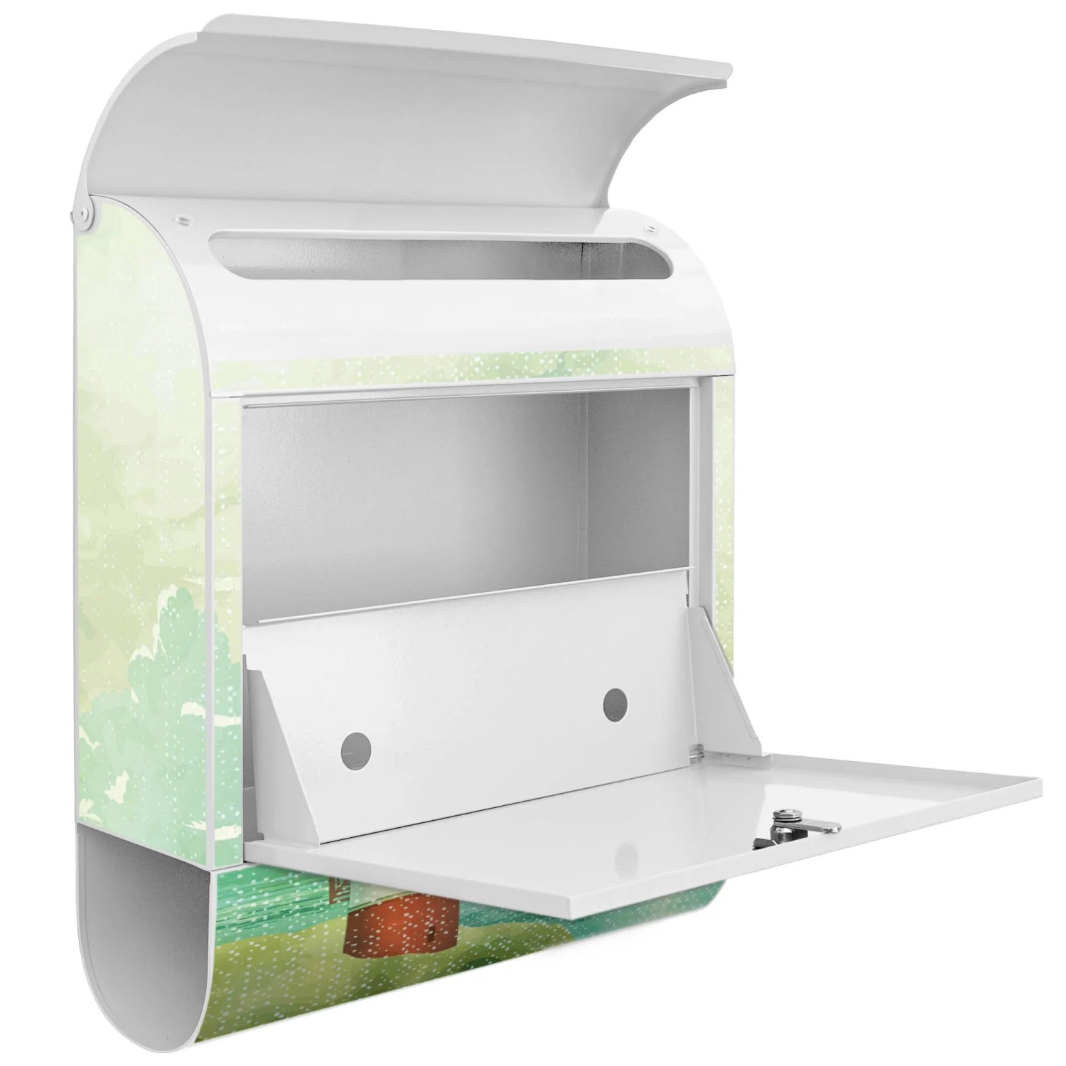 Weißer Banjado Design Briefkasten mit Leuchtturm Motiv und Zeitungsfach, geöffnet.