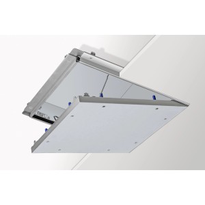 Geöffnete Knauf Revo 18 Revisionsklappe 20x20 cm für Wand und Decke.