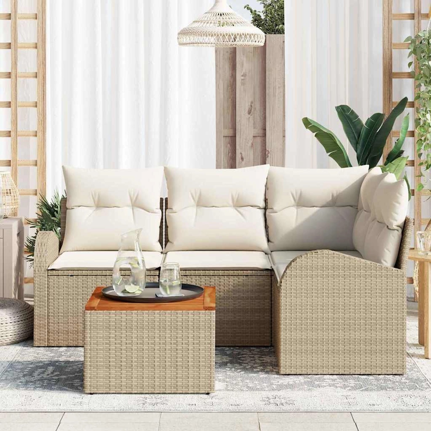 Beige vidaXL Garten-Sofa-Set, 5-teilig, mit Tisch und Polyrattan-Optik für Terrasse und Garten.