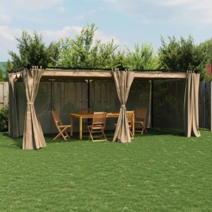 Furnicato Pavillon 6x3 m in Taupe mit Stahlrahmen und Vorhängen im Garten.