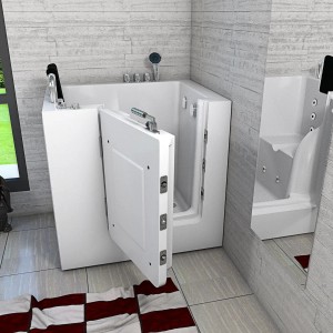 AquaVapore Sitzbadewanne mit Tür, 100x78cm, links. Rechteck-Badewanne mit Whirlpoolfunktion und verchromten Armaturen.