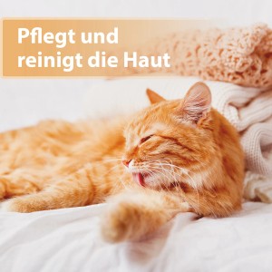 Rote Katze putzt sich auf weißer Decke. Felisept Wundspray für Katzen zur Wundversorgung.