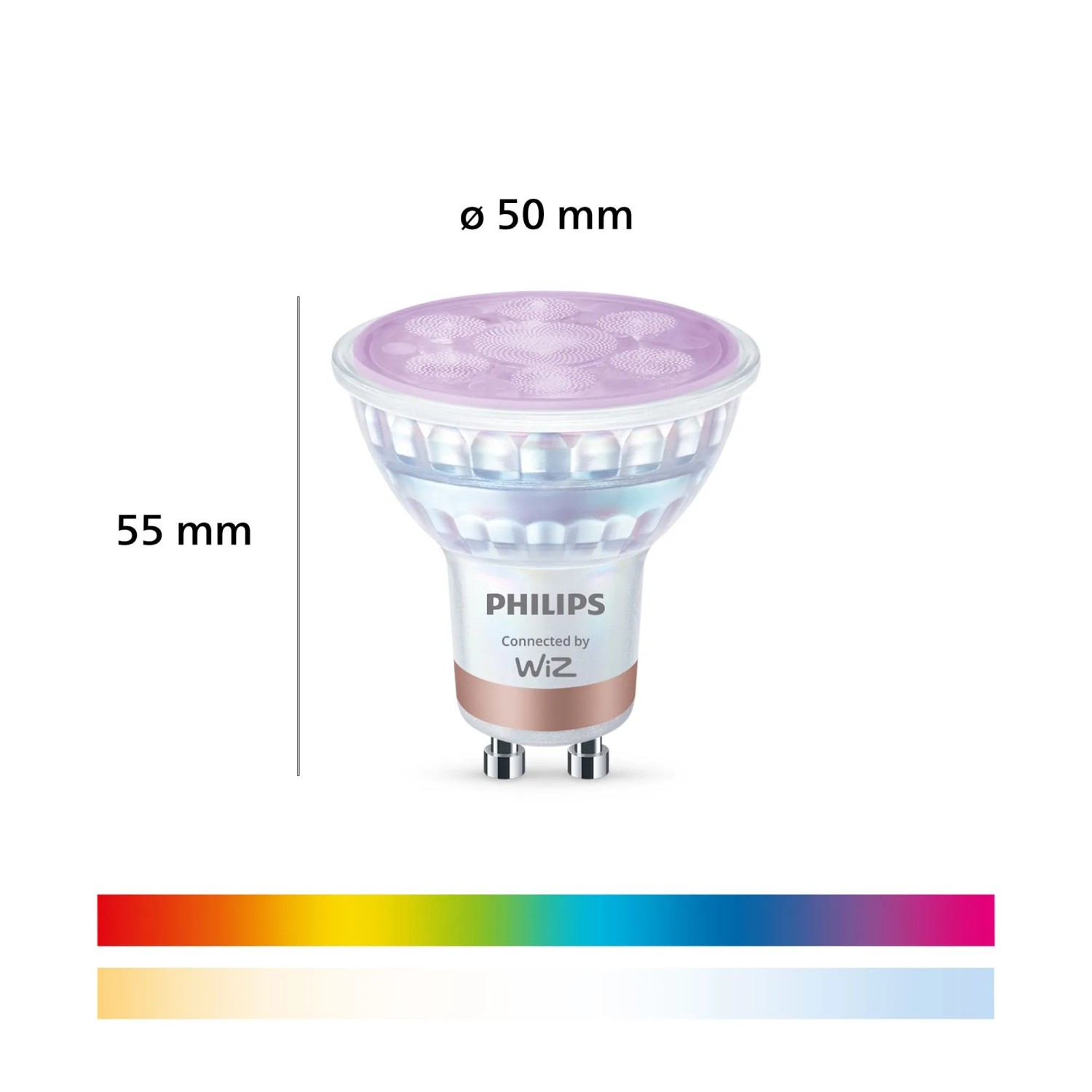 Philips WiZ GU10 Smart Leuchtmittel, RGB-Farbwechsel, dimmbares weißes Licht. Maße: Ø 50 mm, 55 mm Höhe.